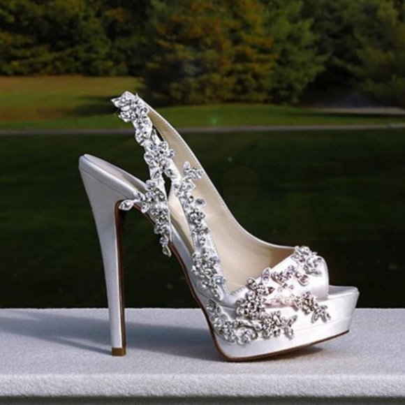 FSJ White Satin Slingback Bridal Heels Rhinestone - Picture 2 of 10